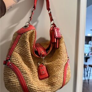 COACH Straw Shoulder Bag with Red Trim